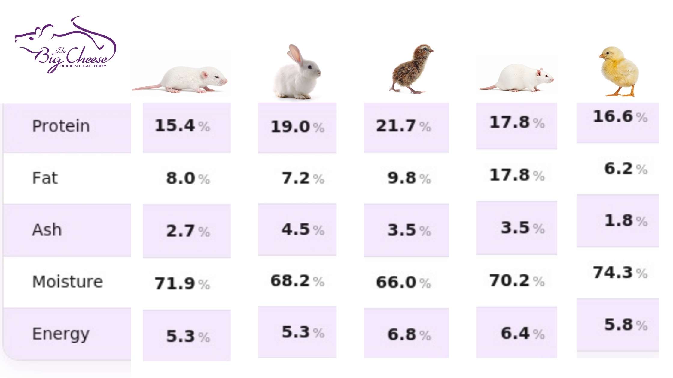Nutritional Differences Between Feeder Mice, Rats, Chicks, Quail, and Rabbits